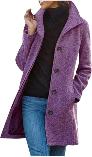 Women's Lapel Wool Coat Single Breasted Pea Coats Winter Wool Blend Blazer Jacket Mid Long Formal Office Trench Coat