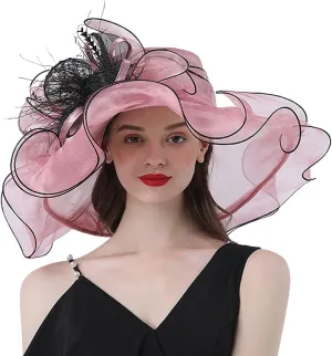 Women's Large Derby Hat Flower Feather Organza Church Flamboyant Fascinators Elegant Wide Brim Tea Party Sun Cap