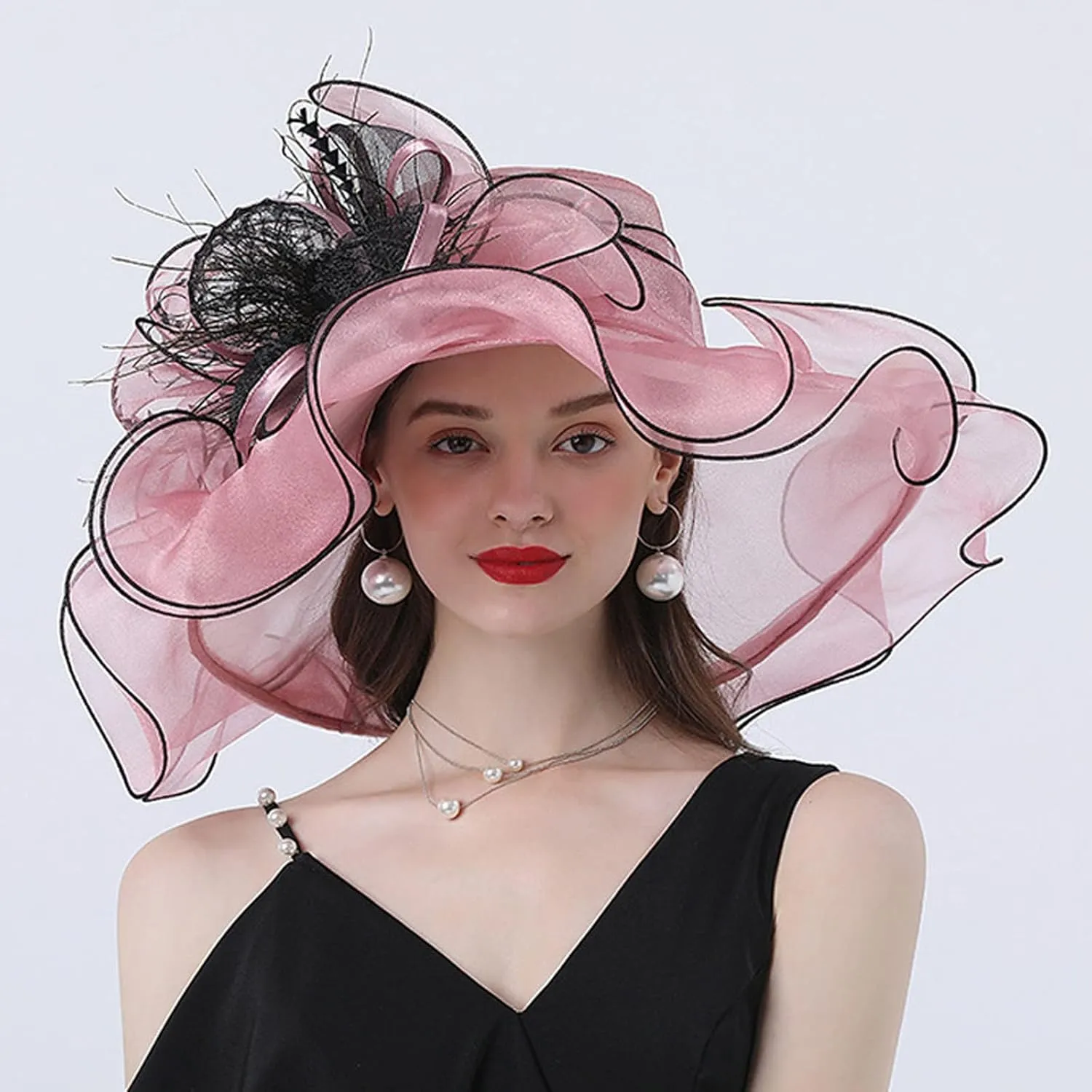 Women's Large Derby Hat Flower Feather Organza Church Flamboyant Fascinators Elegant Wide Brim Tea Party Sun Cap
