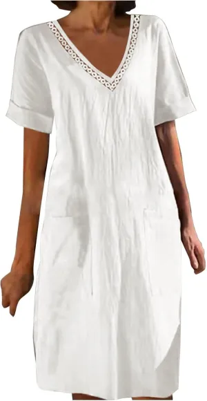 Womens Linen Dress Short Sleeve V-Neck T Shirts Dresses Casual Loose Solid Color Lace Mini Dress Boho Travel Dresses