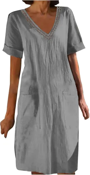Womens Linen Dress Short Sleeve V-Neck T Shirts Dresses Casual Loose Solid Color Lace Mini Dress Boho Travel Dresses