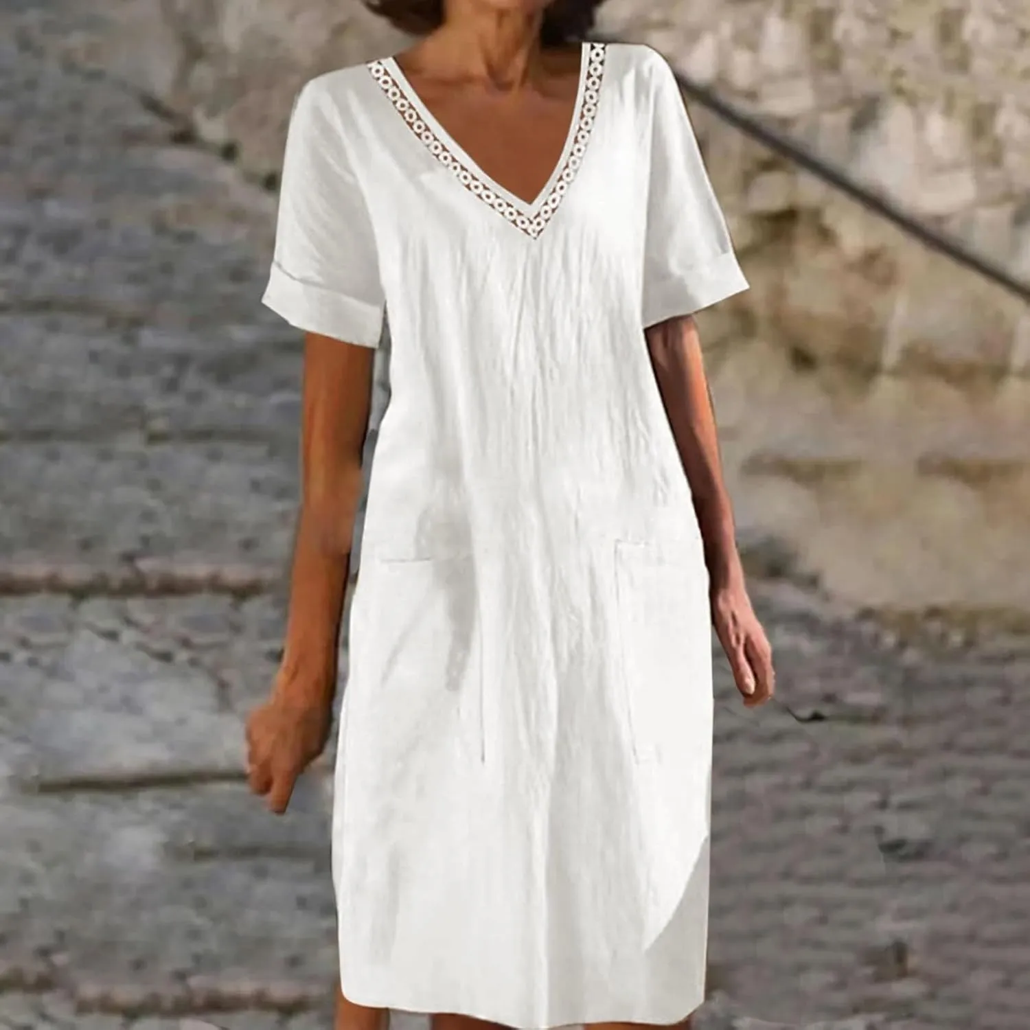 Womens Linen Dress Short Sleeve V-Neck T Shirts Dresses Casual Loose Solid Color Lace Mini Dress Boho Travel Dresses