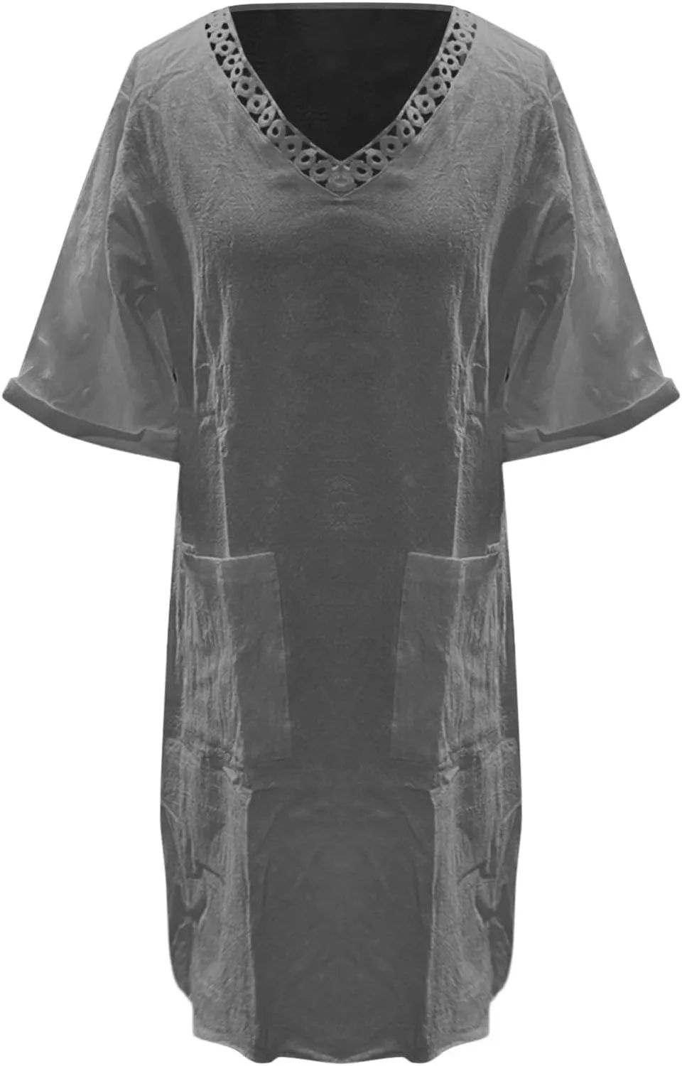 Womens Linen Dress Short Sleeve V-Neck T Shirts Dresses Casual Loose Solid Color Lace Mini Dress Boho Travel Dresses