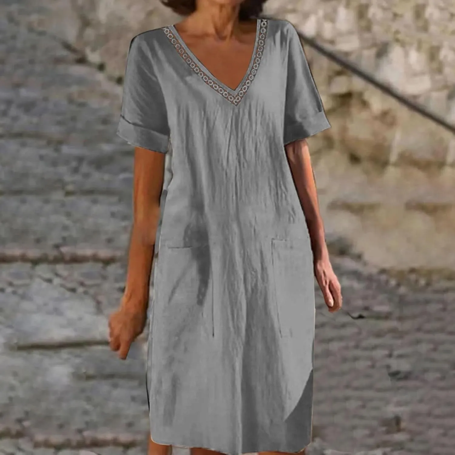 Womens Linen Dress Short Sleeve V-Neck T Shirts Dresses Casual Loose Solid Color Lace Mini Dress Boho Travel Dresses