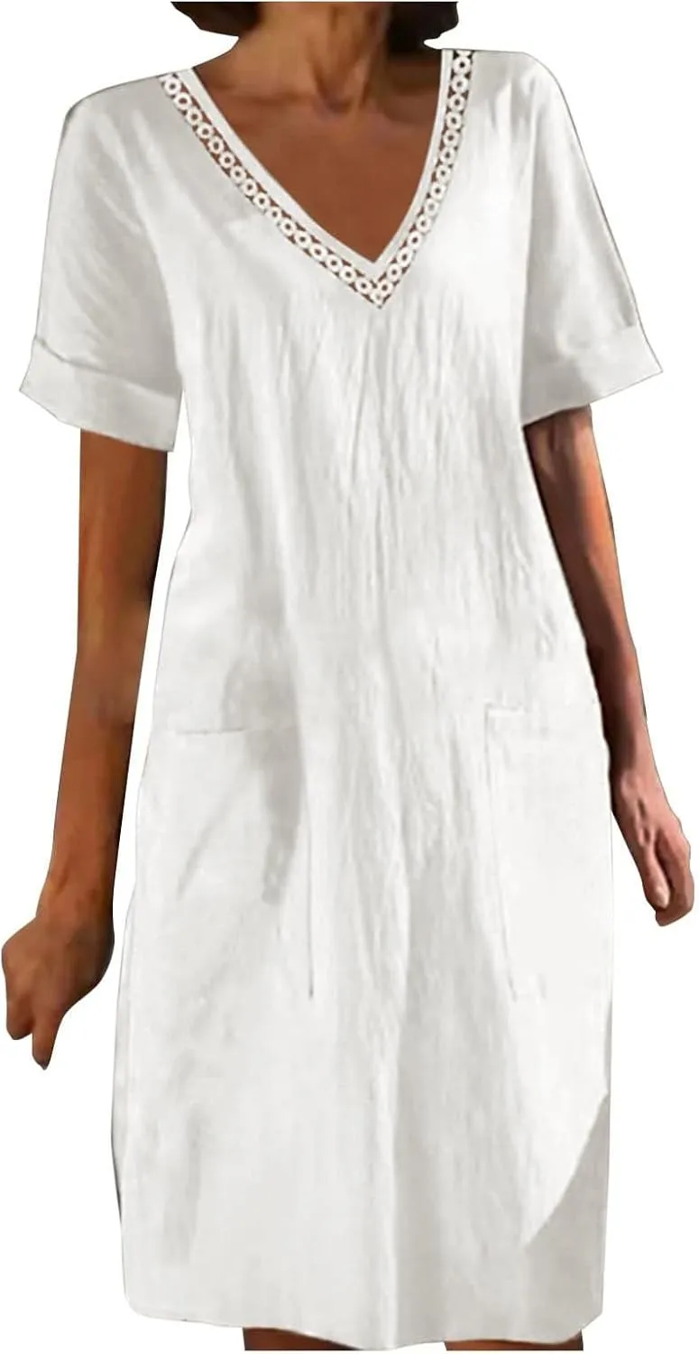 Womens Linen Dress Short Sleeve V-Neck T Shirts Dresses Casual Loose Solid Color Lace Mini Dress Boho Travel Dresses