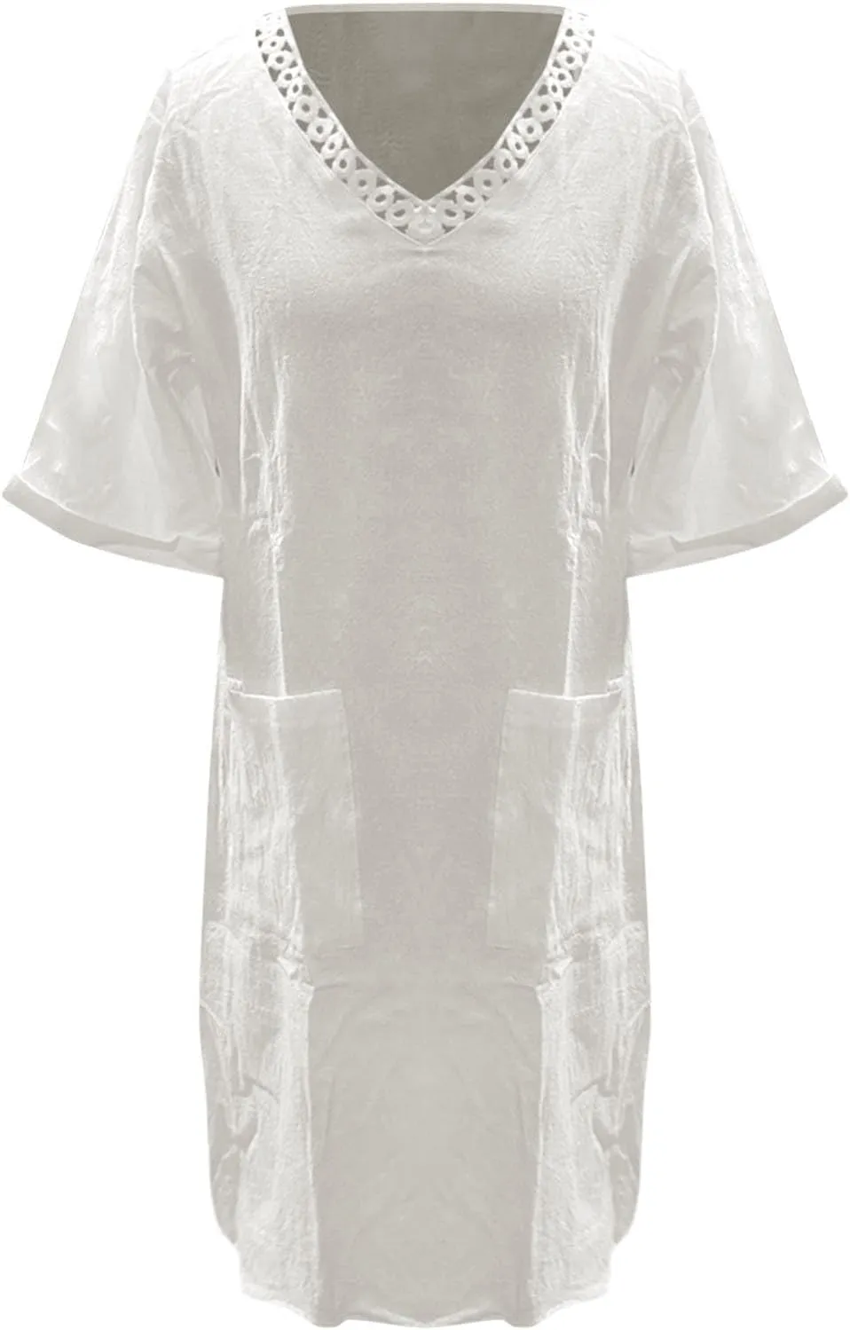 Womens Linen Dress Short Sleeve V-Neck T Shirts Dresses Casual Loose Solid Color Lace Mini Dress Boho Travel Dresses