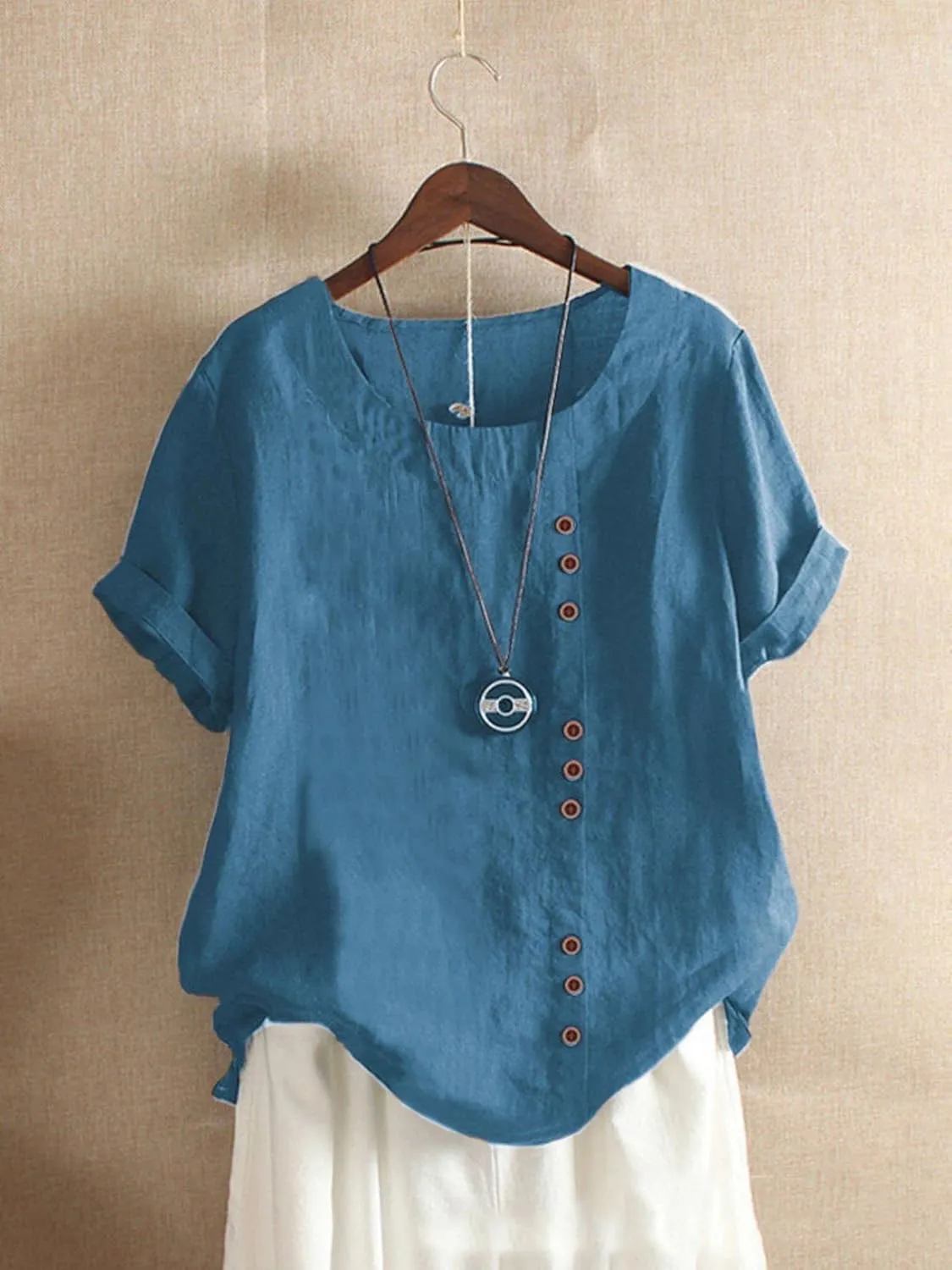 Womens Linen Tops Crew Neck Short Sleeve T Shirts Plus Size Summer Tops Button Down Blouses Fashion Tee Shirts