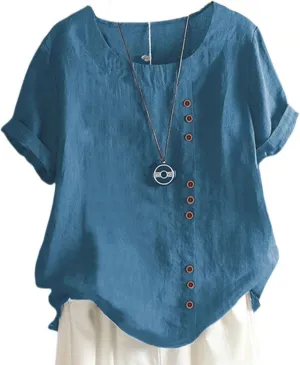 Womens Linen Tops Crew Neck Short Sleeve T Shirts Plus Size Summer Tops Button Down Blouses Fashion Tee Shirts