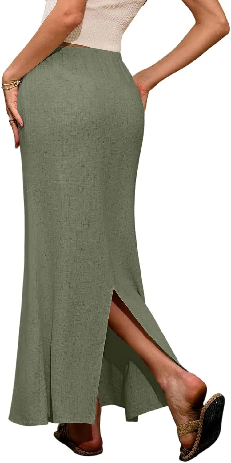 Women's Long Skirts Solid Stretchy Wrap Side Split Athletic Maxi Skirt Trendy, S-2XL