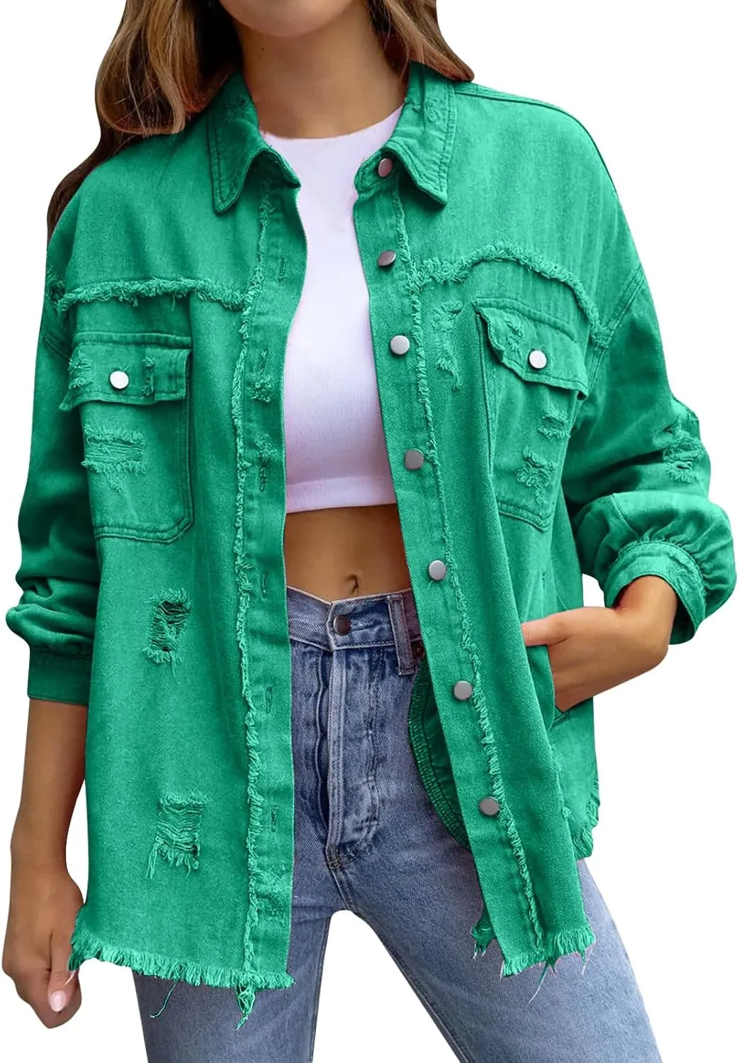 Women's Long Sleeve Button Down Trucker Jackets Works Pockets Western Jean Coat Oversize Stretchy Jean Coat Oversize