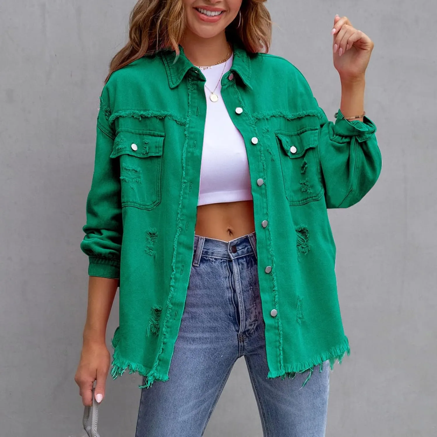 Women's Long Sleeve Button Down Trucker Jackets Works Pockets Western Jean Coat Oversize Stretchy Jean Coat Oversize