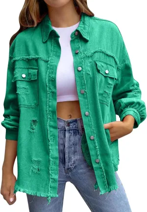 Women's Long Sleeve Button Down Trucker Jackets Works Pockets Western Jean Coat Oversize Stretchy Jean Coat Oversize