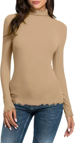 Womens Long Sleeve Crew Neck Basic Top Fall Trendy Curling Design Base Blouse Half Turtleneck Casual Y2K Basic Tshirt