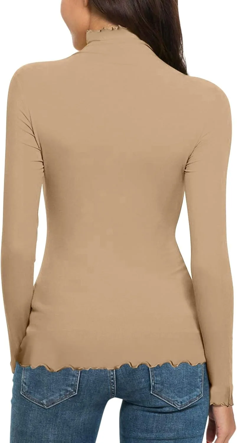Womens Long Sleeve Crew Neck Basic Top Fall Trendy Curling Design Base Blouse Half Turtleneck Casual Y2K Basic Tshirt