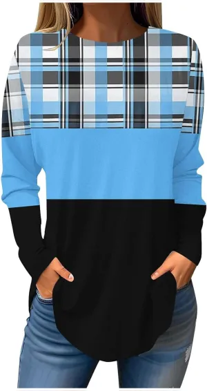 Womens Long Sleeve Round Neck Printed Shirt Trendy Lightweight Strip Plaid Basic Blouses Soft Sport Style Casual Tops