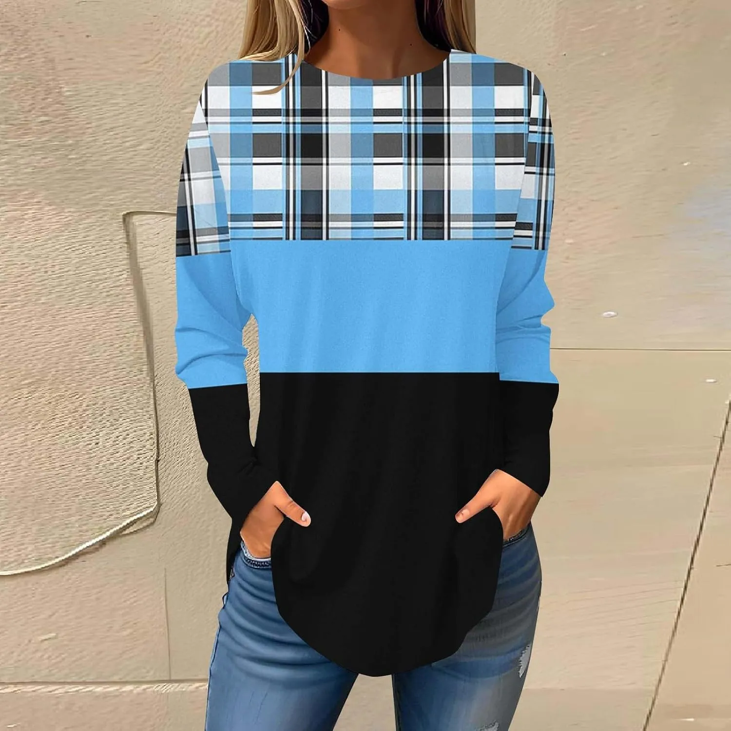 Womens Long Sleeve Round Neck Printed Shirt Trendy Lightweight Strip Plaid Basic Blouses Soft Sport Style Casual Tops