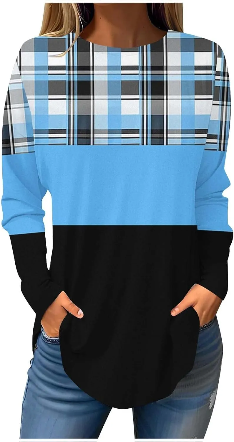 Womens Long Sleeve Round Neck Printed Shirt Trendy Lightweight Strip Plaid Basic Blouses Soft Sport Style Casual Tops