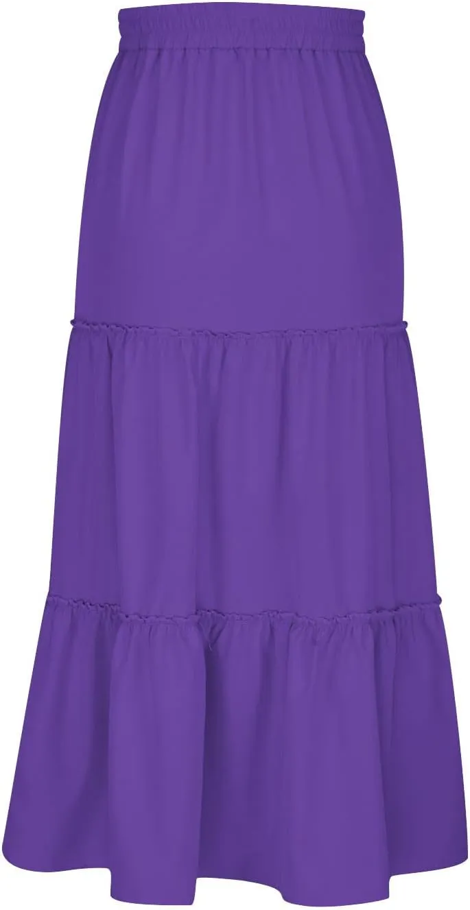 Women's Long Summer Skirts Boho Maxi Tiered Skirts Drawstring Waist A Line Skirts Solid Comfy Beach Skirt Resort Wear