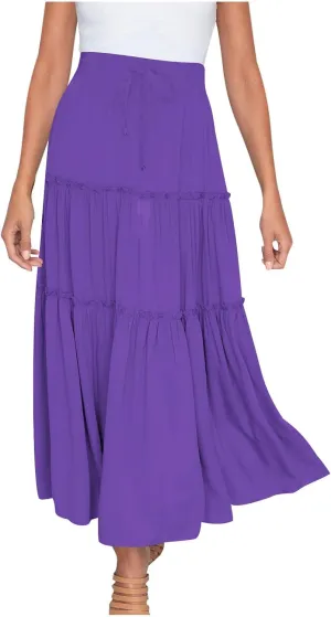 Women's Long Summer Skirts Boho Maxi Tiered Skirts Drawstring Waist A Line Skirts Solid Comfy Beach Skirt Resort Wear