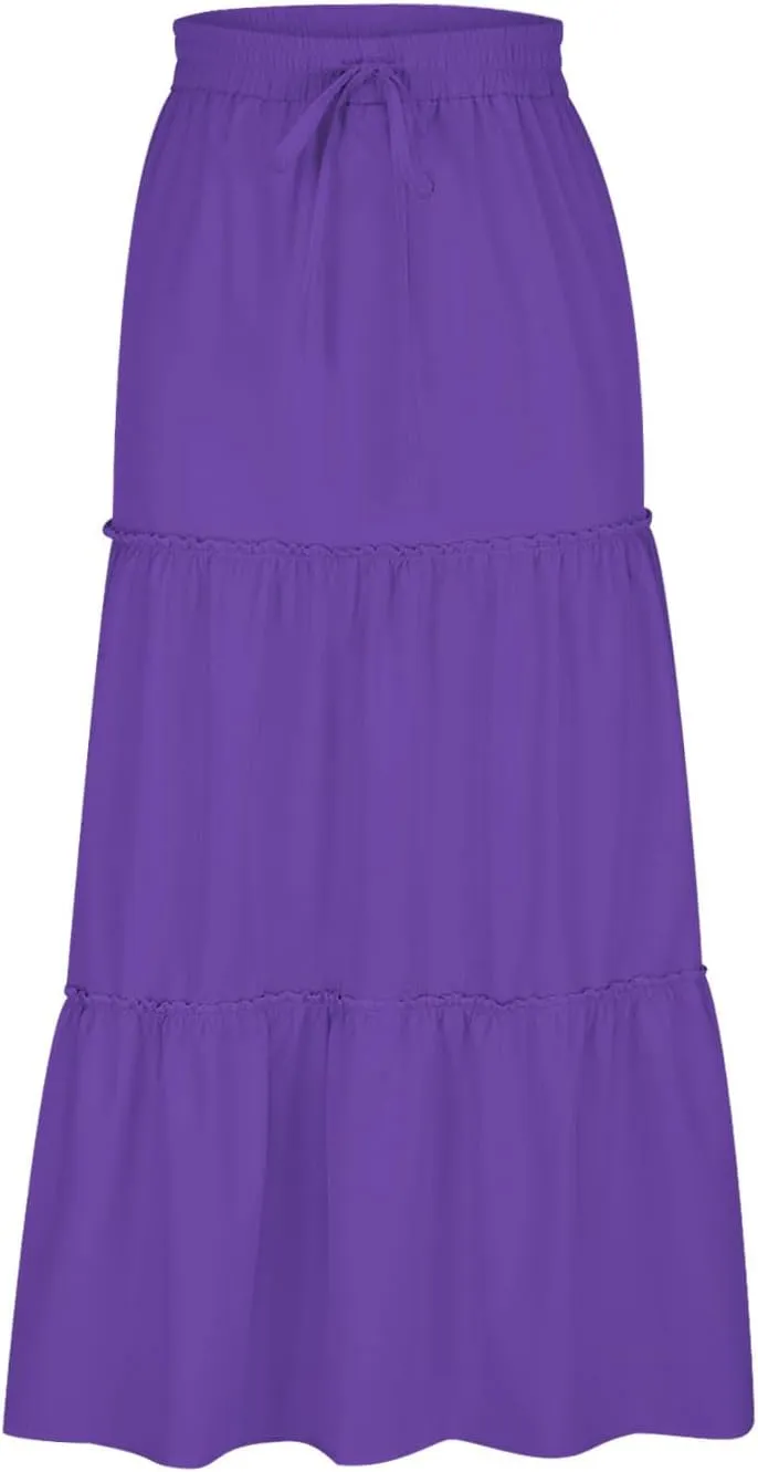 Women's Long Summer Skirts Boho Maxi Tiered Skirts Drawstring Waist A Line Skirts Solid Comfy Beach Skirt Resort Wear