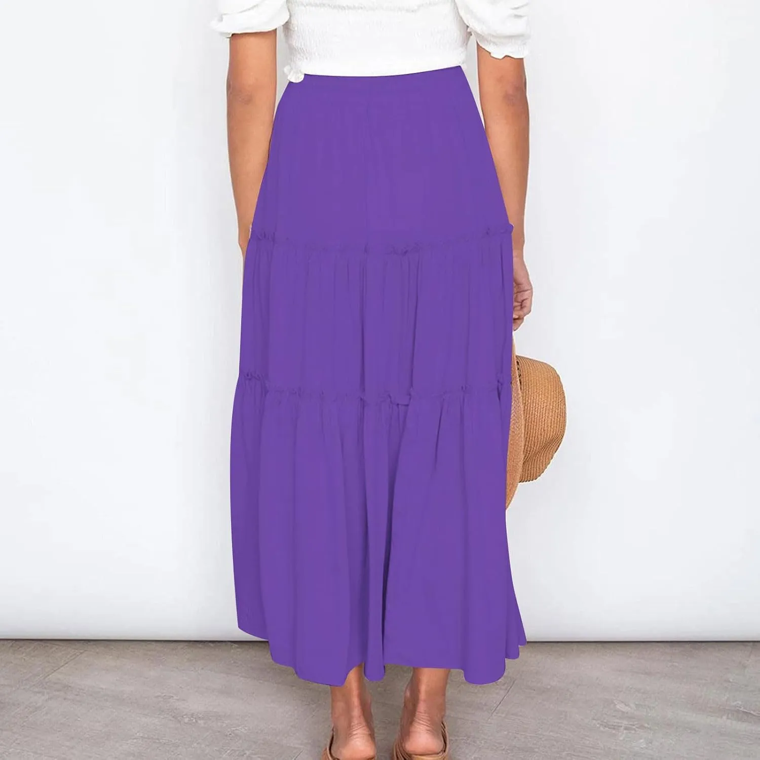 Women's Long Summer Skirts Boho Maxi Tiered Skirts Drawstring Waist A Line Skirts Solid Comfy Beach Skirt Resort Wear