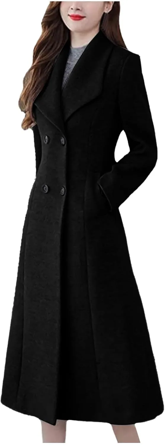 Womens Long Winter Jackets Wool Blend Long Overcoat Lapel Elegant Business Work Trench Jackets Single Breasted Pea Coat