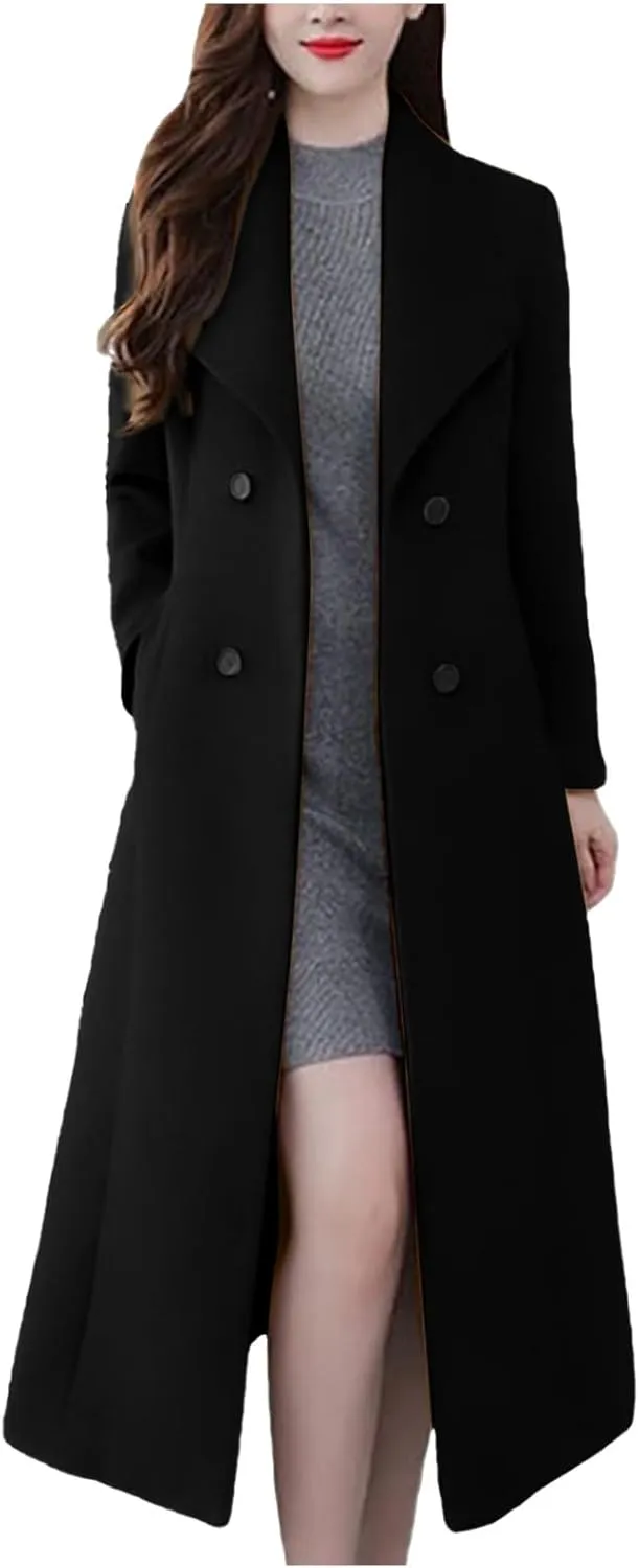 Womens Long Winter Jackets Wool Blend Long Overcoat Lapel Elegant Business Work Trench Jackets Single Breasted Pea Coat