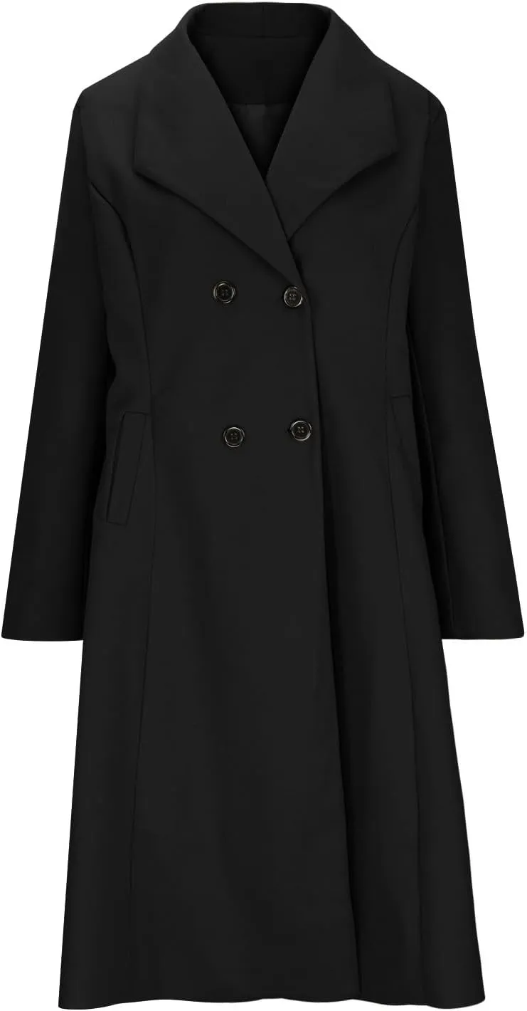 Womens Long Winter Jackets Wool Blend Long Overcoat Lapel Elegant Business Work Trench Jackets Single Breasted Pea Coat