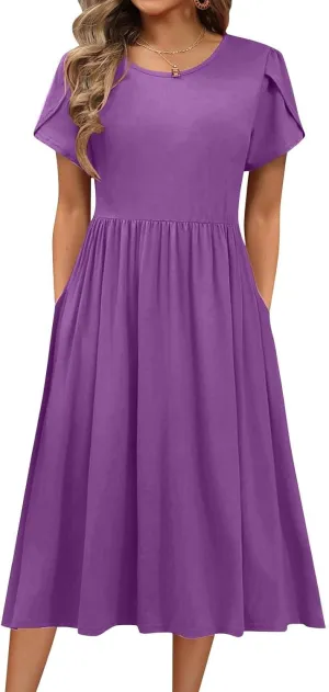 Women's Maxi Dresses Short Sleeve Crewneck Dresses Ruffle Flowy Flutter Ruffle Hem Dress Solid Color Dress Pocket