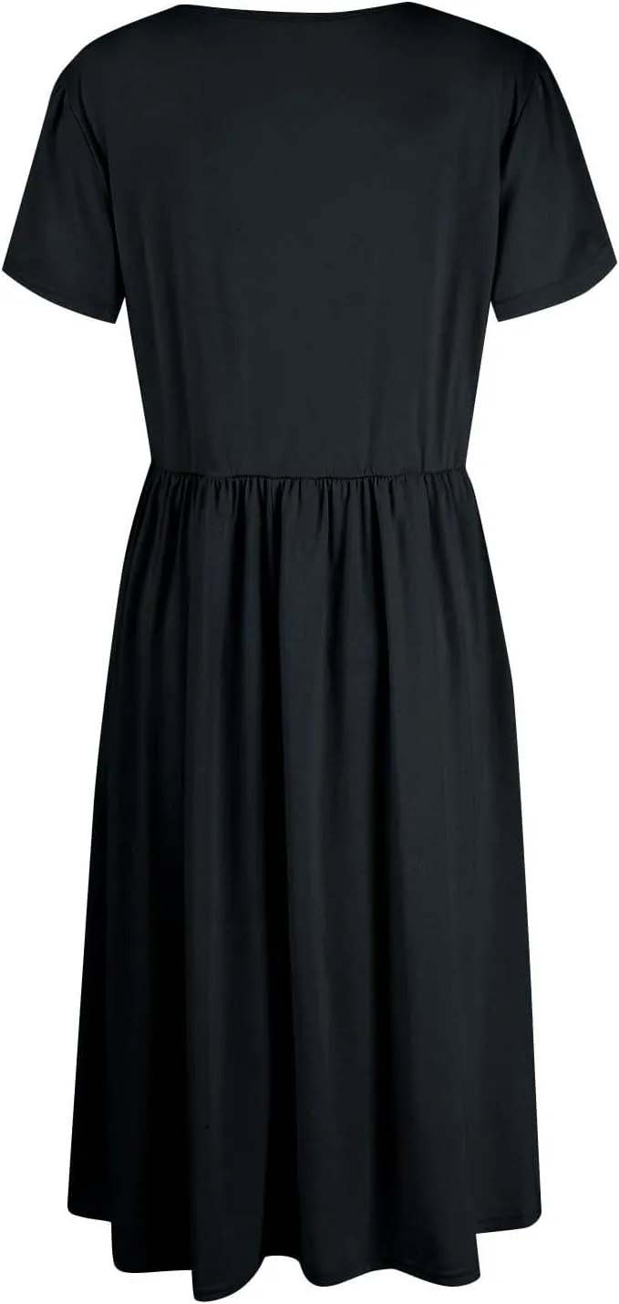 Women's Maxi Dresses Short Sleeve Crewneck Dresses Ruffle Flowy Flutter Ruffle Hem Dress Solid Color Dress Pocket