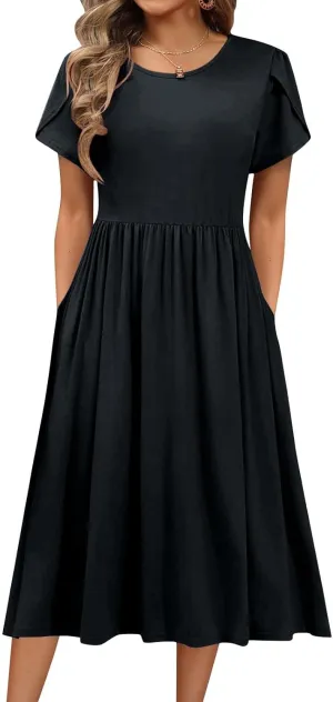 Women's Maxi Dresses Short Sleeve Crewneck Dresses Ruffle Flowy Flutter Ruffle Hem Dress Solid Color Dress Pocket