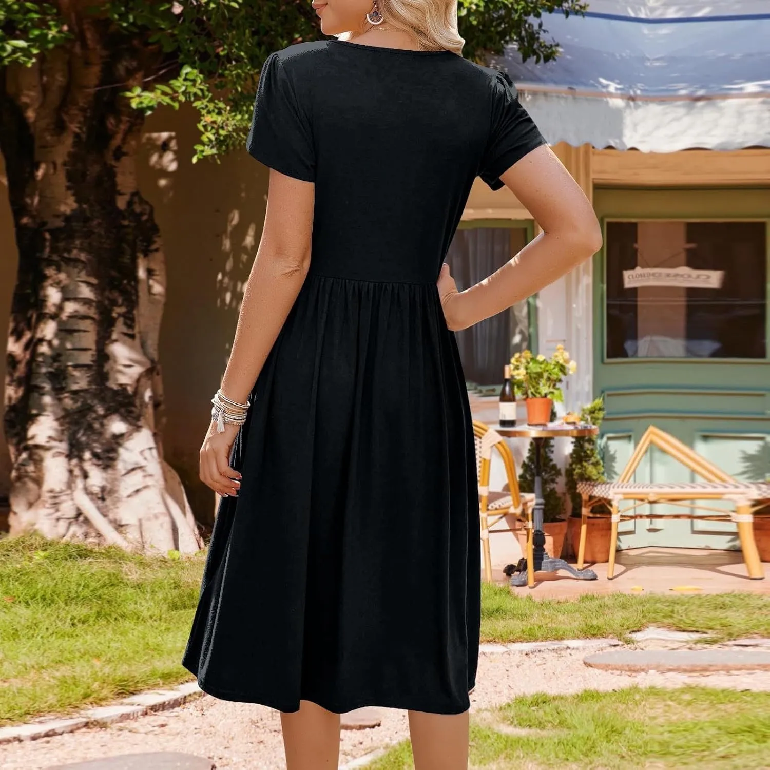 Women's Maxi Dresses Short Sleeve Crewneck Dresses Ruffle Flowy Flutter Ruffle Hem Dress Solid Color Dress Pocket