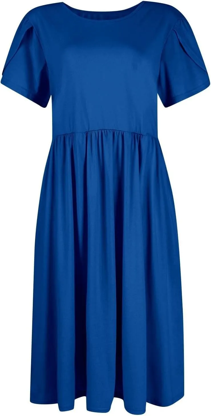 Women's Maxi Dresses Short Sleeve Crewneck Dresses Ruffle Flowy Flutter Ruffle Hem Dress Solid Color Dress Pocket