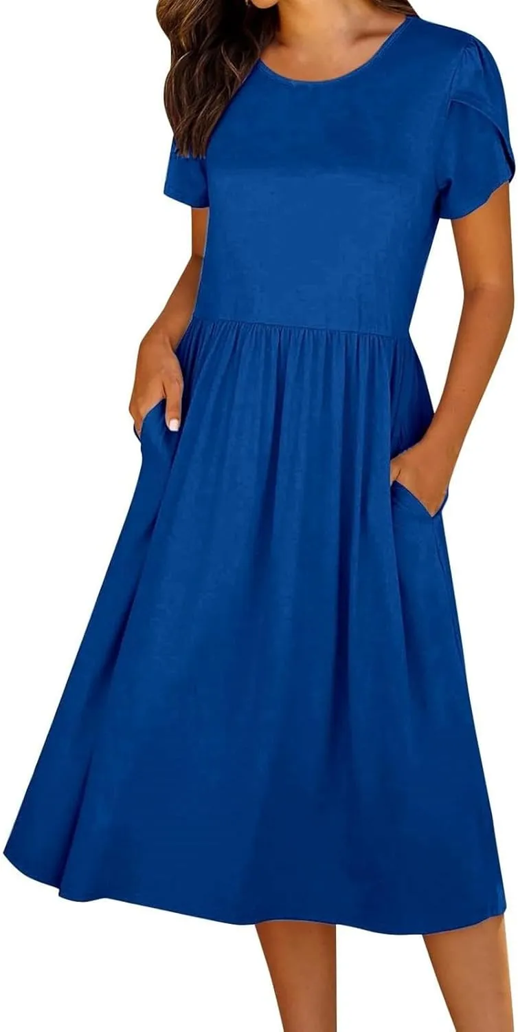 Women's Maxi Dresses Short Sleeve Crewneck Dresses Ruffle Flowy Flutter Ruffle Hem Dress Solid Color Dress Pocket