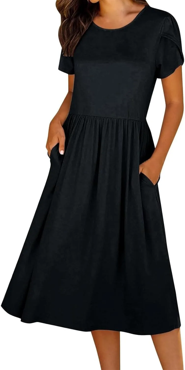 Women's Maxi Dresses Short Sleeve Crewneck Dresses Ruffle Flowy Flutter Ruffle Hem Dress Solid Color Dress Pocket