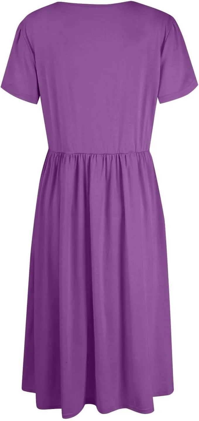 Women's Maxi Dresses Short Sleeve Crewneck Dresses Ruffle Flowy Flutter Ruffle Hem Dress Solid Color Dress Pocket