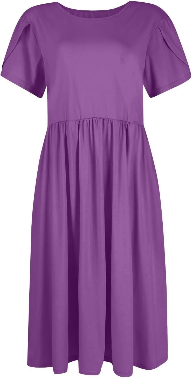 Women's Maxi Dresses Short Sleeve Crewneck Dresses Ruffle Flowy Flutter Ruffle Hem Dress Solid Color Dress Pocket