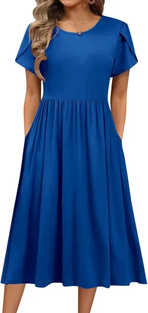 Women's Maxi Dresses Short Sleeve Crewneck Dresses Ruffle Flowy Flutter Ruffle Hem Dress Solid Color Dress Pocket