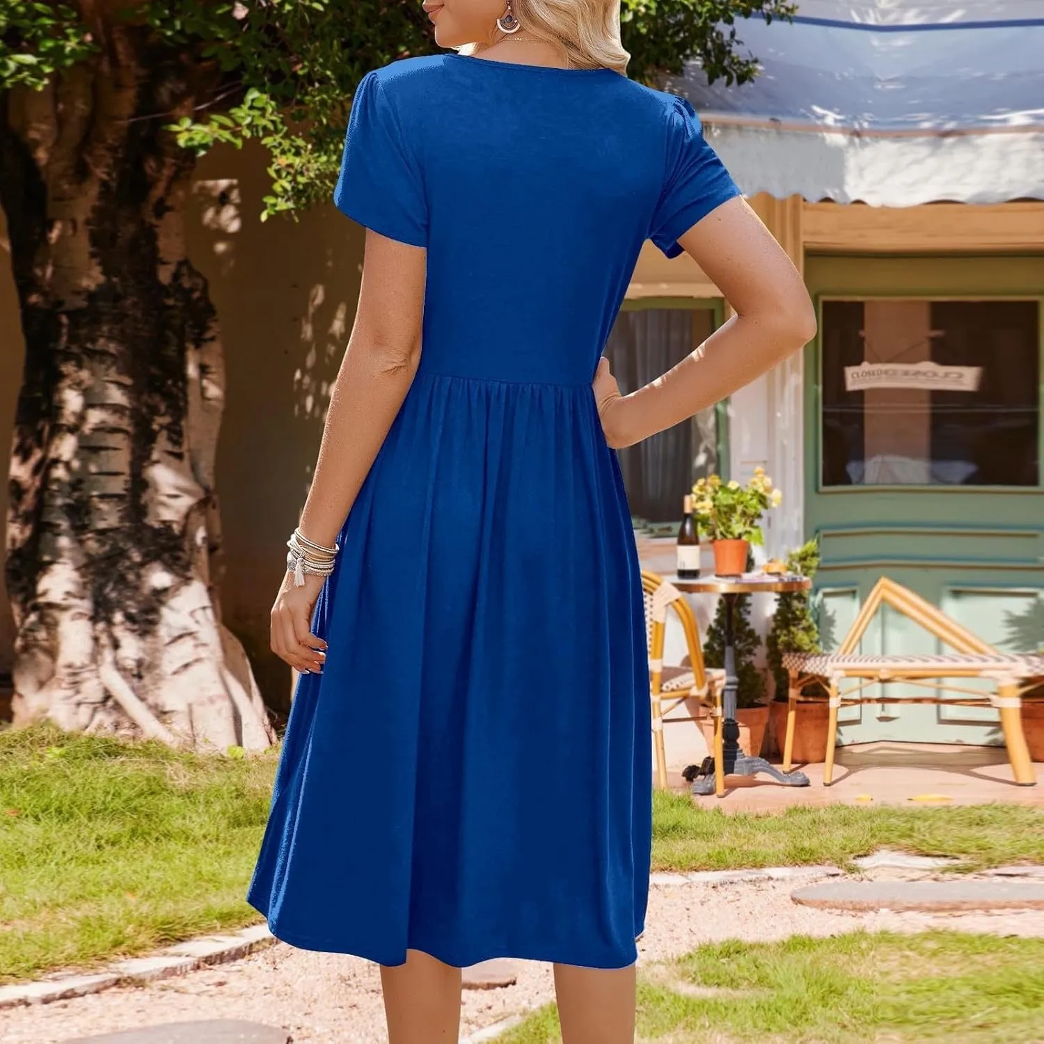 Women's Maxi Dresses Short Sleeve Crewneck Dresses Ruffle Flowy Flutter Ruffle Hem Dress Solid Color Dress Pocket