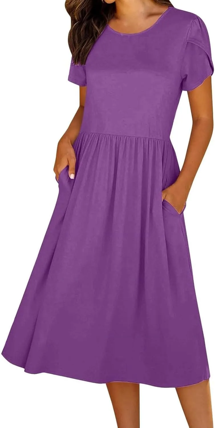 Women's Maxi Dresses Short Sleeve Crewneck Dresses Ruffle Flowy Flutter Ruffle Hem Dress Solid Color Dress Pocket
