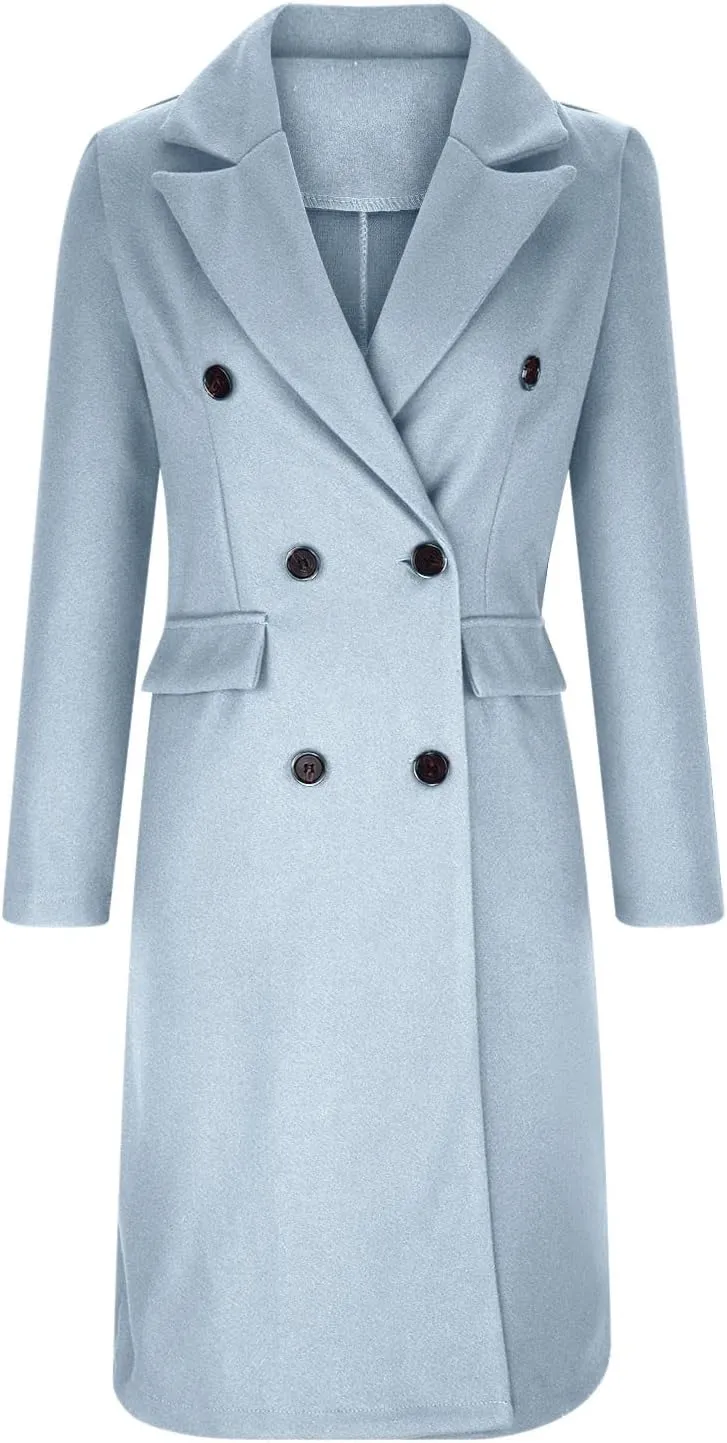 Women's Maxi Wool Blend Coat Notch Lapel Double Breasted Trench Peacoat Casual Dresses Long Blazer Jacket Overcoat