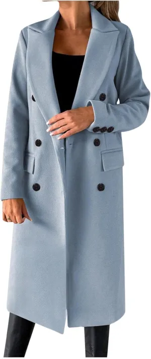 Women's Maxi Wool Blend Coat Notch Lapel Double Breasted Trench Peacoat Casual Dresses Long Blazer Jacket Overcoat
