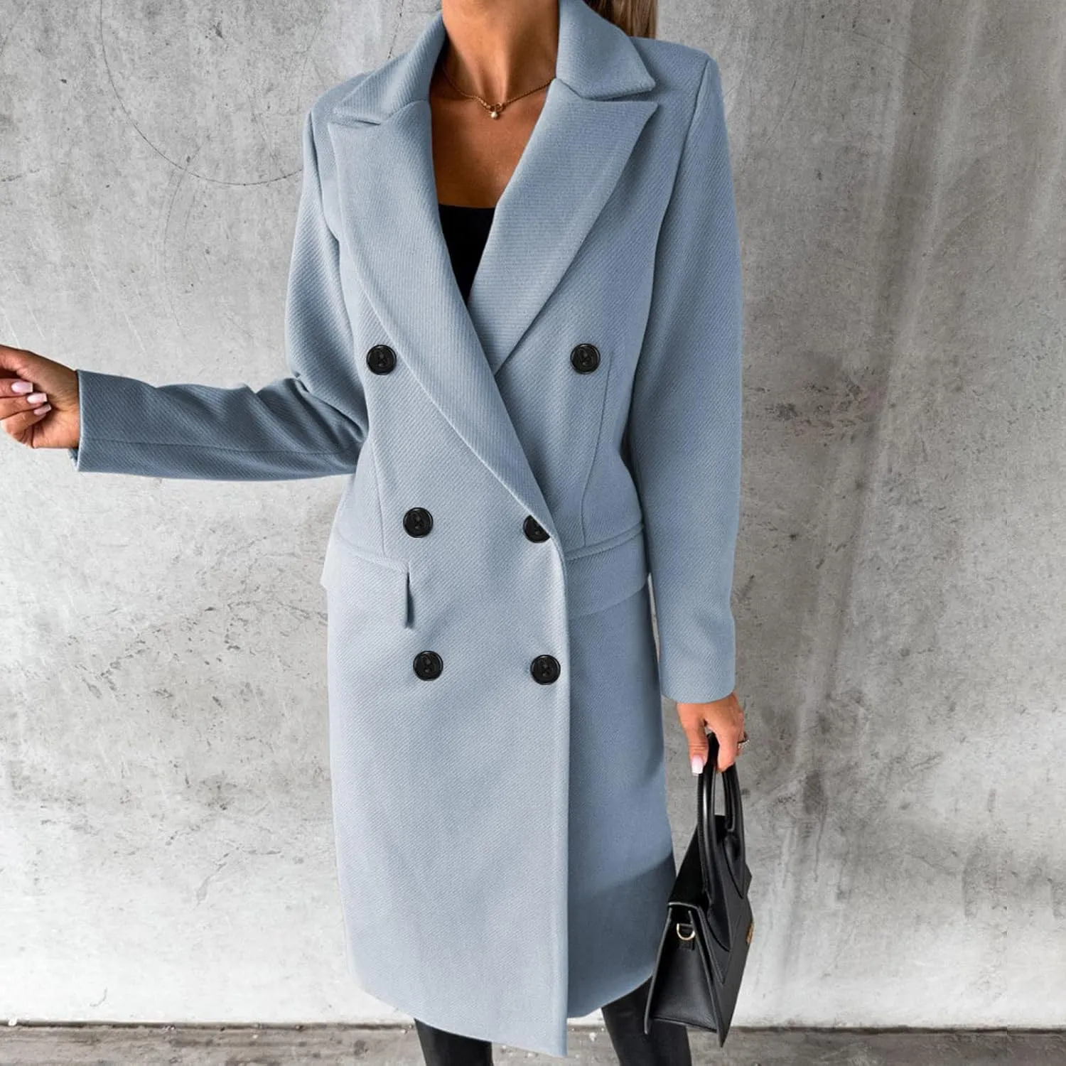 Women's Maxi Wool Blend Coat Notch Lapel Double Breasted Trench Peacoat Casual Dresses Long Blazer Jacket Overcoat