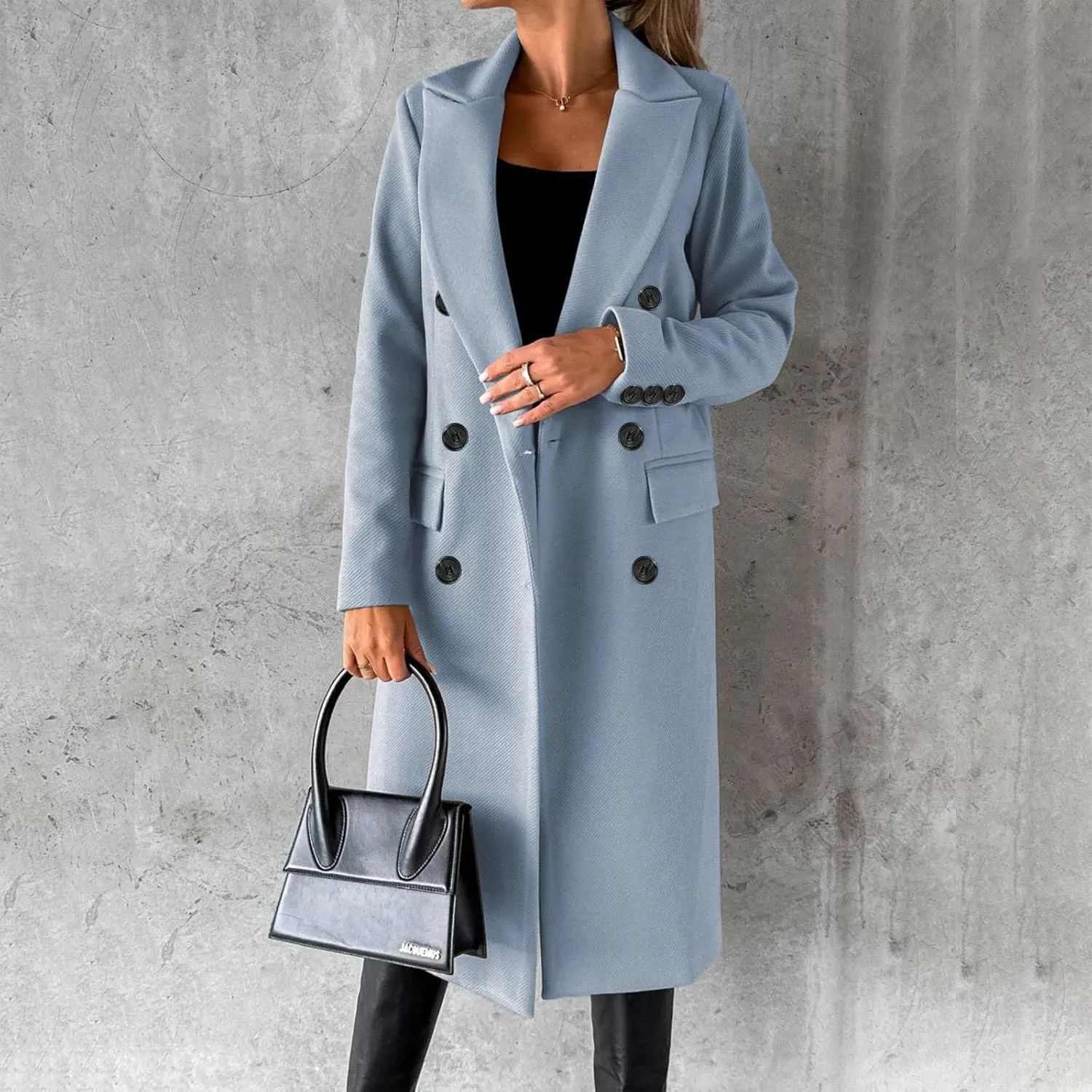 Women's Maxi Wool Blend Coat Notch Lapel Double Breasted Trench Peacoat Casual Dresses Long Blazer Jacket Overcoat