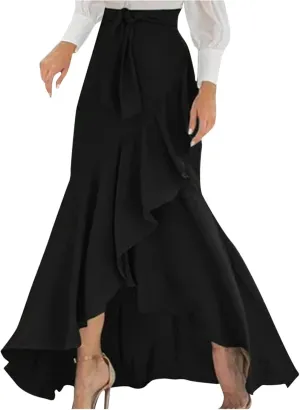 Women's Mermaid Maxi Skirt Summer Fashion Tie Waist Irregular Ruffle Hem Beach Skirts Casual Wrap Party Long Skorts