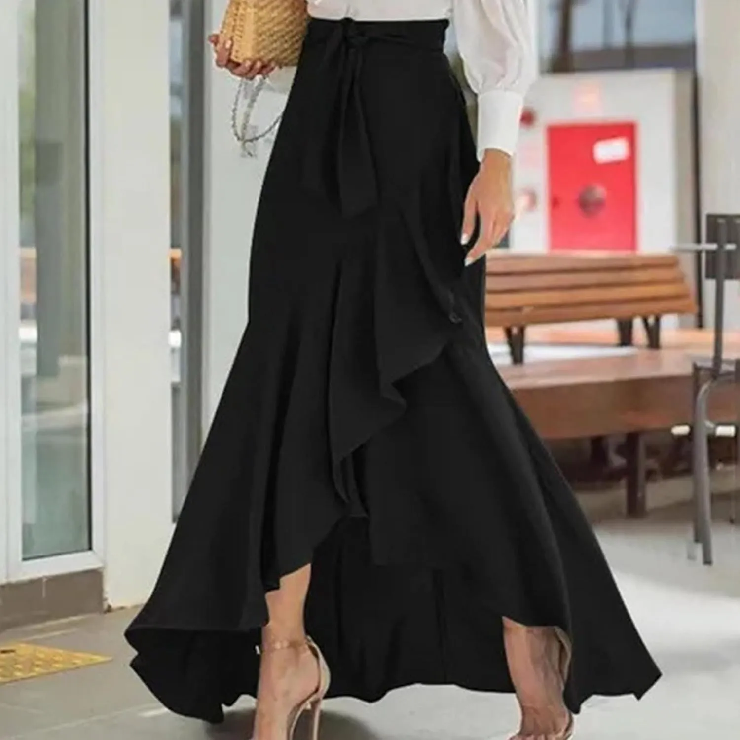Women's Mermaid Maxi Skirt Summer Fashion Tie Waist Irregular Ruffle Hem Beach Skirts Casual Wrap Party Long Skorts
