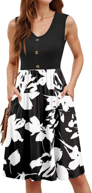 Women's Midi Bodycon Tank Dress Summer Crewneck Rib Knit Sleeveless Flowy Swing A Line Business Casual Dresses