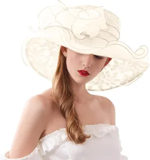Women's Organza Church Fascinator Derby Hat Elegant Flowers Wide Brim Cocktail Tea Party Summer Beach Sun Hat