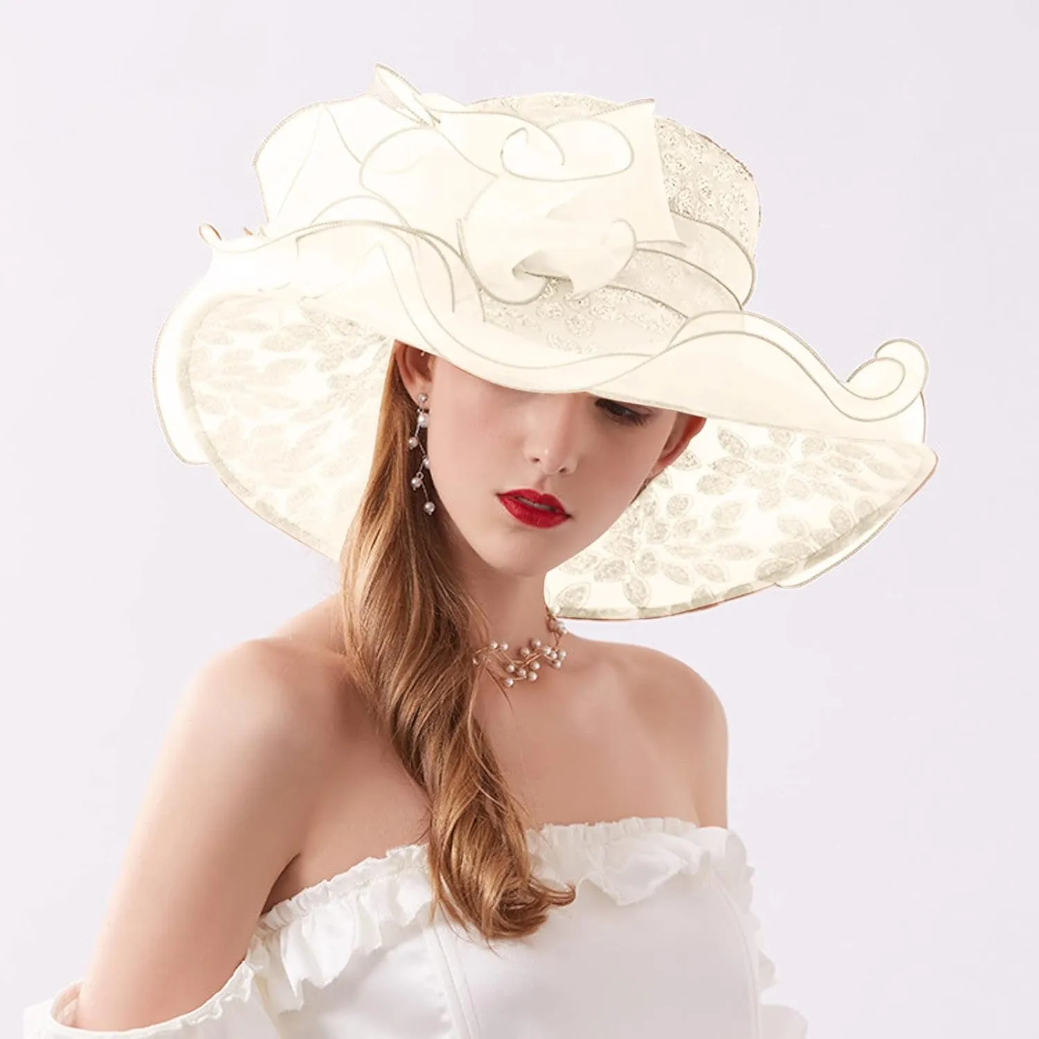 Women's Organza Church Fascinator Derby Hat Elegant Flowers Wide Brim Cocktail Tea Party Summer Beach Sun Hat
