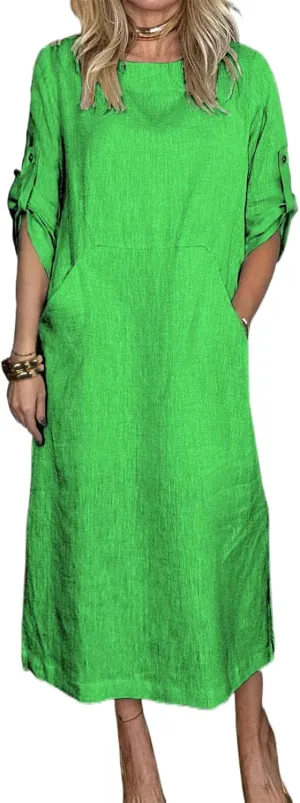Women's Oversize Tunic Dress Cotton and Linen Long Sleeve Round Neck T Shirts Dresses Casual Solid Dress with Pockets